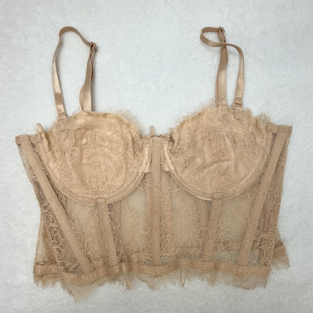 Windsor Beige Nude Sheer Lace Corset Bustier Crop Top Underwire Boned Small